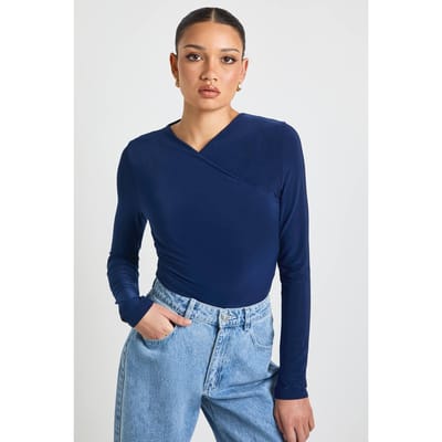 boohoo Dames Wikkel Voorkant Matte Slinky Lange Mouw Bodysuit | Navy | Maat: 8