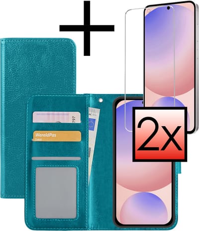 Hoesje - Met 2x Screenprotector - Geschikt voor Samsung Galaxy S24 FE - Luxe Pasjeshouder - Bookcase Portemonee - Flip Case - Kunstleer Book Case - Flipcase Hoes - Book Cover - Walletcase - Portemonneehoes - Turquoise
