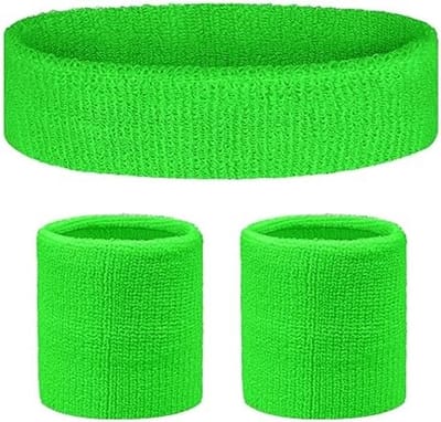 PolkaHome Set van 3 Sport Zweetbanden - Hoofdband en Polsbandjes - Groen - Zacht Katoen - Voor Fitness, Tennis, Voetbal en Andere Sporten - Unisex voor Kinderen, Tieners en Volwassenen