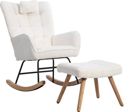 Schommelstoel - Loungestoel - Voedingsstoel-Bouclé Fauteuil – Ergonomisch –Met Voetenbank – Houten Frame - Hoofdkussen - Woonkamer - 92cm- 2-Delig-Wit