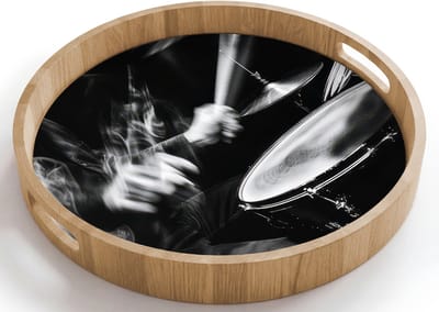 Dienblad rond 40x40 cm - Schootdienblad hout - Drummer - Zwart - Drumstel - Borrelplank rechthoek - Plateau houten dienbladen