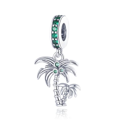 Fler® | Bedel | Past op populaire bedel armbanden (standaard-3mm) | armbandbedel | Palmboom met Kokosnoten | Palm Tree | Coconuts | Vakantie | Holiday | Hangbedel Charm | 925 Sterling Zilver | Zirkonia | Groen | Kerstcadeau | | Valentijn kado