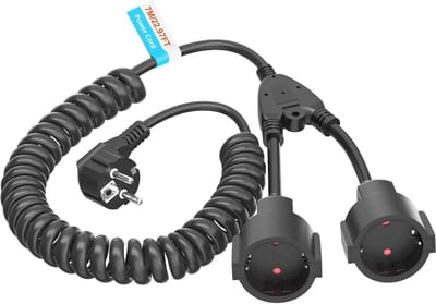 Spiraalverlengkabel met Randaarde - 1 tot 2 stopcontacten, Uittrekbaar van 1 tot 7 meter, Zwart PVC, 230V/16A
