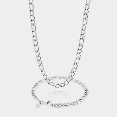 Figaro Ketting 7 mm x Figaro Armband 5 mm - Zilveren Schakelketting en Schakelarmband Heren - 50/19 cm lang - Olympus Jewelry
