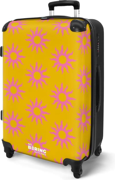 NoBoringSuitcases.com® - Reis koffer groot - Rolkoffer lichtgewicht - Geel met roze zonnen - Reiskoffer met 4 wielen - Valiezen volwassenen - Grote trolley XL - 20 kg bagage