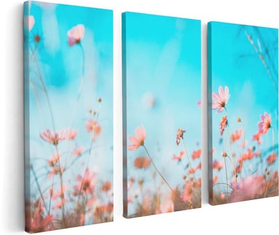Artaza Canvas Schilderij Drieluik Paarse Kosmos Bloemen - 120x80 - Foto Op Canvas - Canvas Print
