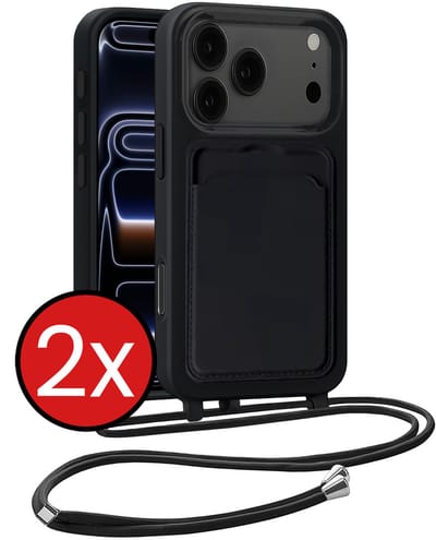 Hoesje Geschikt voor iPhone 17 Pro / 18 Pro Hoesje Met Telefoonkoord en Pasjeshouder Siliconen - Hoes Geschikt voor iPhone 17 Pro / 18 Pro Hoesje Met Kaarthouder Case - Zwart - 2 PACK