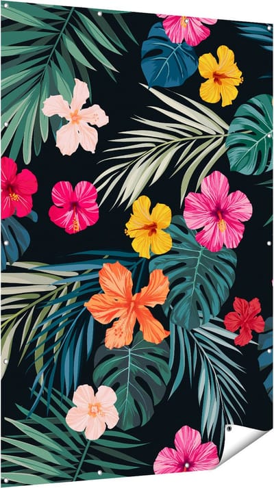 Gards Tuinposter Getekende Tropische Bloemen - Abstract - 120x180 cm - Tuindoek - Tuindecoratie - Wanddecoratie buiten - Tuinschilderij