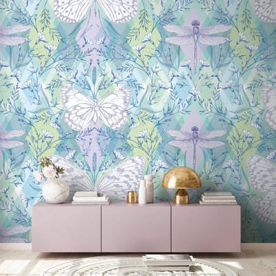 Fotobehang Profhome 392041-GU vliesbehang hardvinyl warmdruk in reliëf glad met vlinders mat groen paars blauw wit 1,59 m x 2,8 m