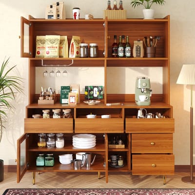 STILVORA Buffetkast Hoogkast Met Changhong-Glasdeur En Wijnrek Met Lades Voor Restaurant En Eetkamer - MDF - 145x39x171 cm - Walnootbruin