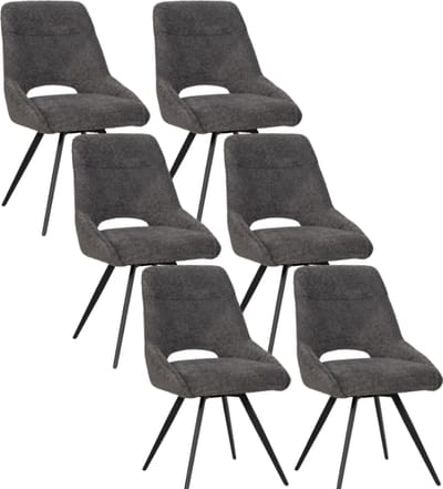 BukkitBow – Eetkamerstoel / Keukenstoel - Geschikt als Make-up Stoel - Chenille & Metalen Onderstel - Chenille Stof - Donker Grijs - 6 Stuks