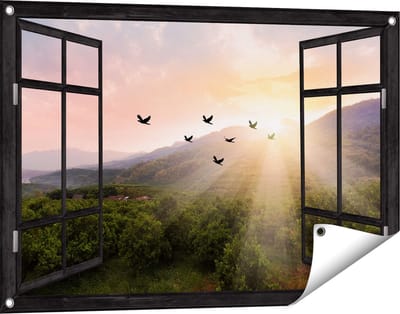 Gards Tuinposter Doorkijk Silhouet Zwerm Vogels bij Zonsondergang - 90x60 cm - Tuindoek - Tuindecoratie - Wanddecoratie buiten - Tuinschilderij