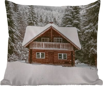 Sierkussen Buiten - Huis - Bos - Winter - Natuur - Sneeuw - 60x60 cm - Weerbestendig