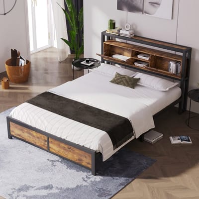 Sweiko Tweepersoonsbed, 140 x 200 cm, met opbergruimte aan het hoofdeinde en metalen lattenbodem, metalen bedframe, bruin