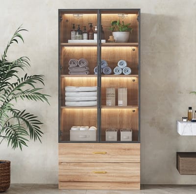 DESMIU Badkamerkast - Hoge Opbergkast Met Lichtstrip En 2 Laden - 2 Deuren Met Gehard Glas Voor Badkamer - MDF - 75x34,5x170 Cm - Bruin