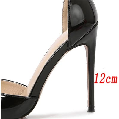 Plus Size 35 -46 Zomer Dames 12cm Hoge Hakken Sandalen Dame Puntige Teen Leer Stiletto Hakken Vrouwelijke Glanzende Mode Strappy Schoenen 38 zwart