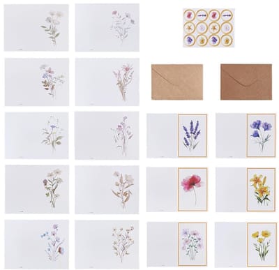 Dailygoods - WADORN 22 Sets 2 Serie Bloemen Blanco Notitiekaarten met Enveloppen & Stickers Diverse Elegante Bloemen met Gouden Rand Dank U Wenskaarten Briefpapier Set Bulk voor Verjaardag Bruiloft Afstuderen