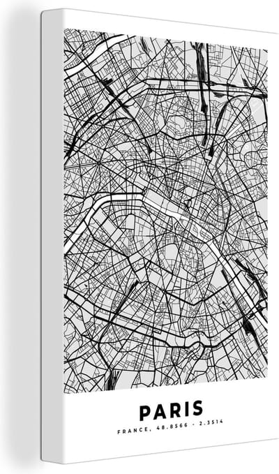 Canvas Schilderij Kaart - Stadskaart - Parijs - Plattegrond - Frankrijk - 20x30 cm - Wanddecoratie