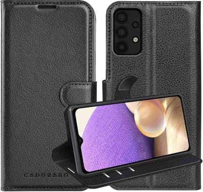 Cadorabo Hoesje geschikt voor Samsung Galaxy A32 5G in PHANTOM ZWART - Beschermhoes met magnetische sluiting, standfunctie en kaartvakje Book Case Cover Etui