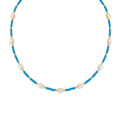 8CN-26487 – CO88 collection Kralenketting Turquoise & Parel – Goudkleurig – Natuurstenen Ketting