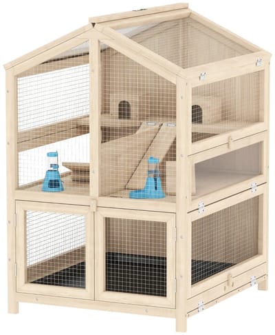 Hamsterkooi - Cavia kooi - Rattenkooi - Huisje - 2 Niveaus - Verwijderbare Lade - Met Voederstation - Zaag - Loopplank - Hutten - Hangbrug - 68L x 61,5B x 90H cm - Vurenhout