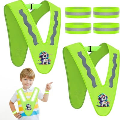 Veiligheidsvest voor Kinderen - 2 Stuks Reflecterend V-vormig Vest in Geel met Elastische Band en Signaalhalsband voor Optimale Zichtbaarheid en Bescherming