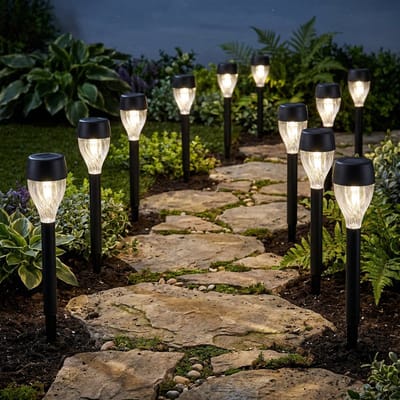 Cheqo® Solar Tuinlampen Set van 10 - Tuinverlichting - Prikspots - Grondspots - LED Tuinlamp - Padverlichting - Solarverlichting - Sfeerverlichting - op Zonne-energie - Warm Wit