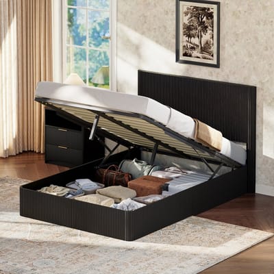 Bed 140x200 cm - Opbergbed met Hydraulisch Systeem en Lattenbodem - Geribbeld Design - Hout - Zwart