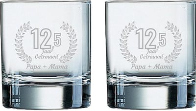 Gegraveerde set Whiskeyglazen 20cl Papa + Mama 12,5 jaar getrouwd