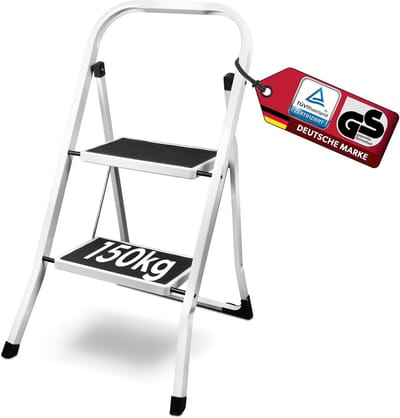 Vouwtrap met 2 treden - Opstapkruk kleine ladder - Huishoudelijke klussen - Extra brede treden - 150 kg belastbaar - Wit