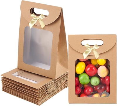 10 stuks Kraft papieren zakken met venster, 14*7*20 cm staande geschenkzak met handvatten Bruine geschenkzak met helder venster voor snoepkoekjes Verpakking Bruiloft Kerstmis Feest Winkel Detailhandel, Bruin