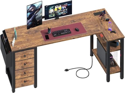 L-vormig Bureau met Opbergvakken en Lades - 140 cm Hoekbureau voor Thuiswerken en Gaming