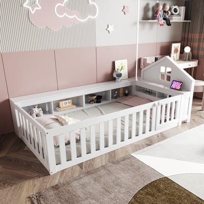 Komhtom Kinderbed 90 x 200 cm, met rand en raam, met opbergvak, met veiligheidshek en deur, rondom veiligheidsbescherming, massief houten bed met lattenbodem, eenpersoonsbed, wit