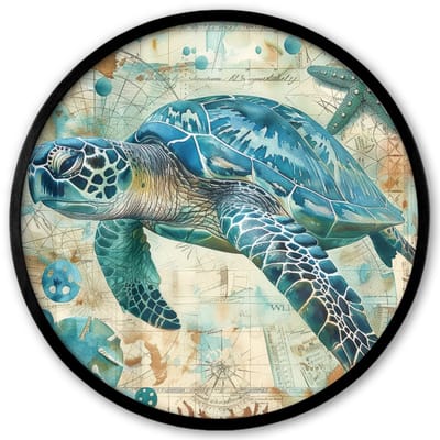Poster in lijst Rond - Fotolijst 40x40 cm - Posters - Vintage - Schildpad - Zeedieren - Watercolor - Ronde posterlijst zwart - Decoratie - Wanddecoratie woonkamer - Muurdecoratie slaapkamer