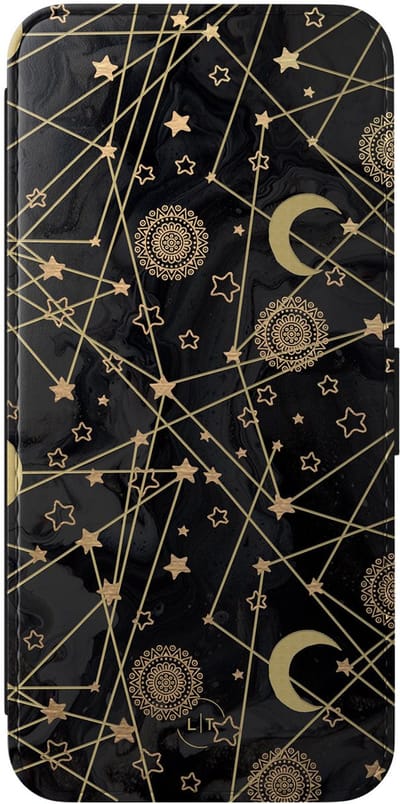 Leuke Telefoonhoesjes - Hoesje geschikt voor Samsung Galaxy A56 bookcase leer - Sterren, zon, maan - Sterren, zon, maan - Wallet Case met pasjeshouder - Marmer - Zwart, Goud