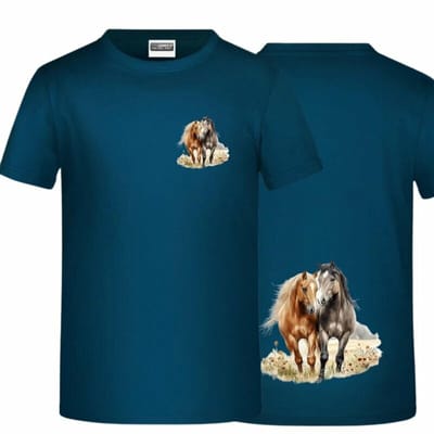 Trendy petrol meisjes t-shirt met paarden - Blauw - 158/164