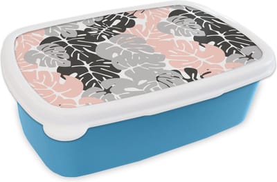 Broodtrommel Blauw - Lunchbox - Brooddoos - Monstera - Pastel - Patronen - Bladeren - 18x12x6 cm - Kinderen - Jongen