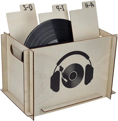 Vinyl Platenopslagdoos in Goud en Rood, Hout met Geperforeerde Handvatten, Perfect voor Platenverzameling en Organisatie