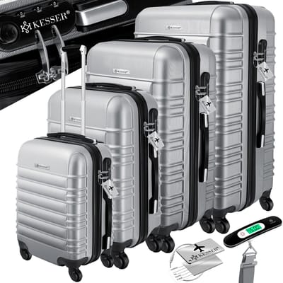 KESSER® 4x Koffer, reiskofferset, trolley koffer, incl. bagageweegschaal + bagagelabel rollend kofferslot, 4 wielen ABS, harde schaal telescoopgreep S-M-L-XL - Zilver