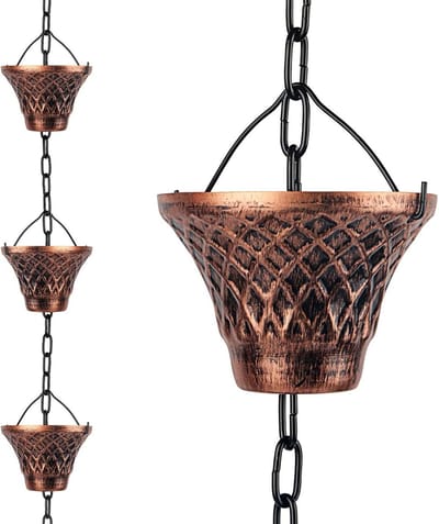 Regenketting - Regenpijp decoratie - Tuin verfraaien - Blauwe gordijn cups - 2.6 meter lang - Koperkleurig