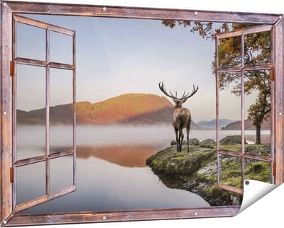 Gards Tuinposter Doorkijk Hert bij een Meer - 150x100 cm - Tuindoek - Tuindecoratie - Wanddecoratie buiten - Tuinschilderij