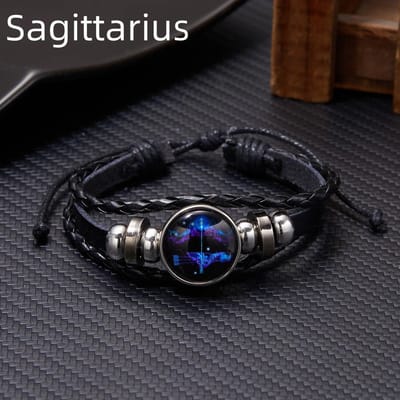 12 Constellation Zodiac Sign Charm Lichtgevende Armbanden Mannen Vrouwen Vintage Multilayer Wrap Leren Armband & Bangle Verjaardagscadeau black