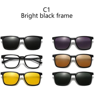 6 IN 1 Magnetische Clip-on Zonnebril Gekleurde Lens Myopie Brilmontuur Nachtzicht Voor Chauffeurs Bril Hoge Kwaliteit 6 IN 1 black