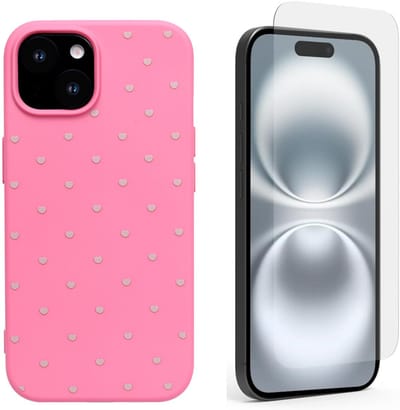 Hoesje en Glas Geschikt voor iPhone 15 - Neon Roze - Casemania Stevige Siliconen Back Cover met Hartjes Print - 1x Glazen Screenprotector