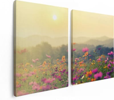 Artaza Canvas Schilderij Tweeluik Bloemenveld Met Kosmos - Zonsondergang - 120x80 - Foto Op Canvas - Canvas Print