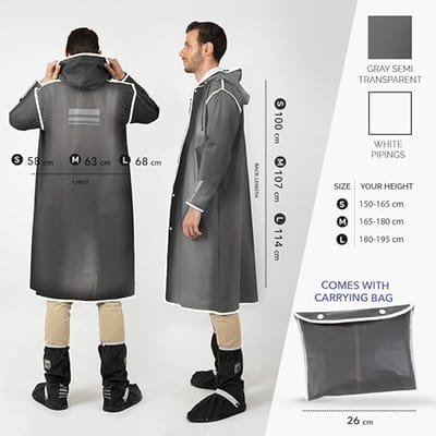 Lange Regenjas Man Vrouw met Capuchon en Reflecterende Details - Waterbestendige Regenponcho met Lange Mouwen en Knopen - Draagbare Poncho Jas Regen Modder - Perletti , Grijs met Witte Rand