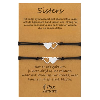 Vriendschapsarmbandjes voor 2 "Sisters" - Hartjes - BFF Armbandjes met Cadeau Kaartje - Zilverkleurig - Elastisch Verstelbaar - Pax Amare