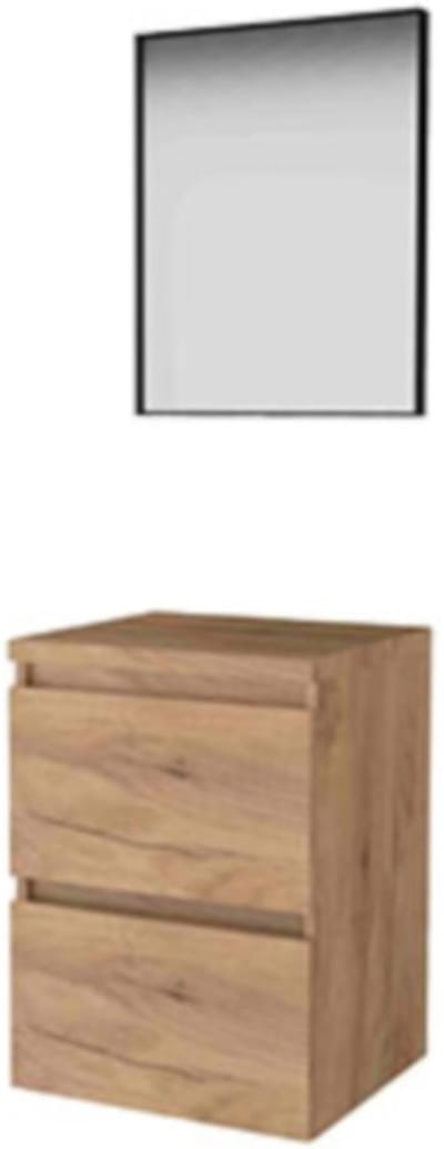 Basic-Line Framed 46 Badkamermeubelset - 50 x 46 cm - Greeploos - 2 Lades - Wastafelblad - Spiegel met Zwart Aluminium Frame - Whisky Oak