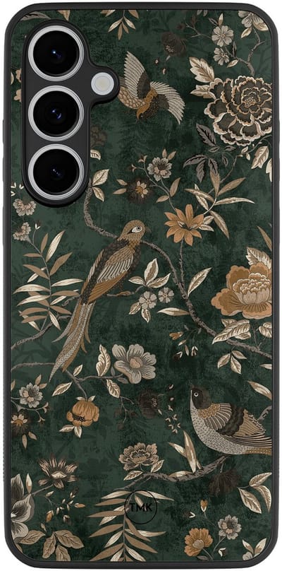 Hoesje geschikt voor Samsung Galaxy S24 FE - Khaki golden flowers - Groen - TPU case - Print - Hardcase zwart telefoonhoesje