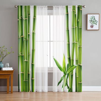 Groene Bamboe Zen Plant Witte Transparante Gordijnen voor Woonkamer Decoratie Raambekleding voor Keuken Tule Voile Organza Gordijnen W135 x H115cm x1 white